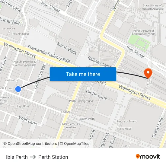 Ibis Perth to Perth Station map