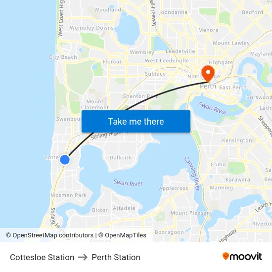 Cottesloe Station to Perth Station map