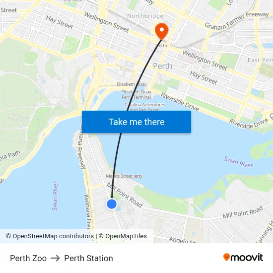 Perth Zoo to Perth Station map