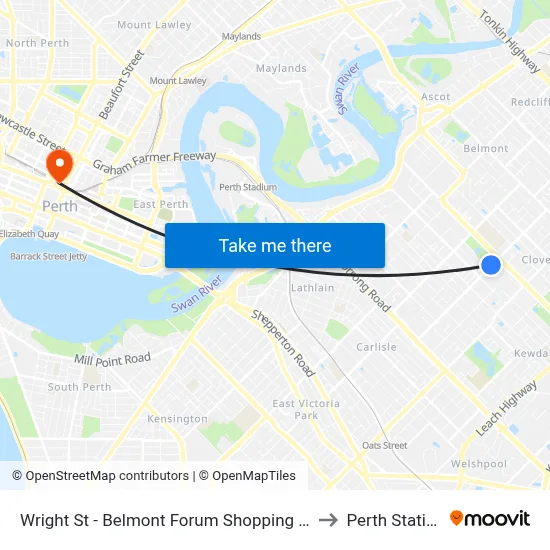 Wright St - Belmont Forum Shopping Ctr to Perth Station map