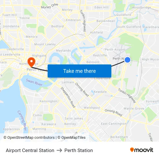 Airport Central Station to Perth Station map