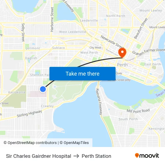 Sir Charles Gairdner Hospital to Perth Station map