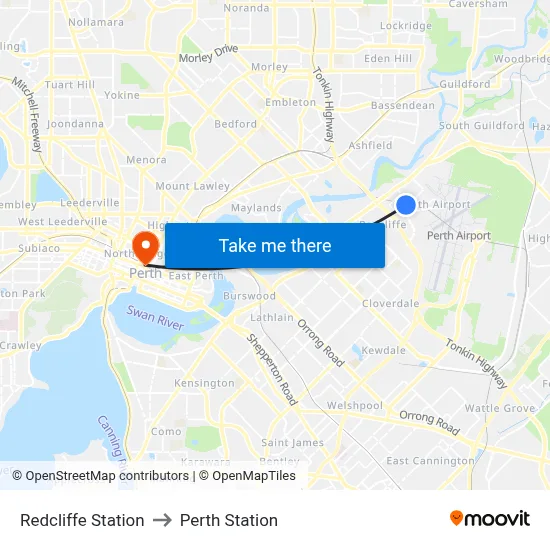 Redcliffe Station to Perth Station map