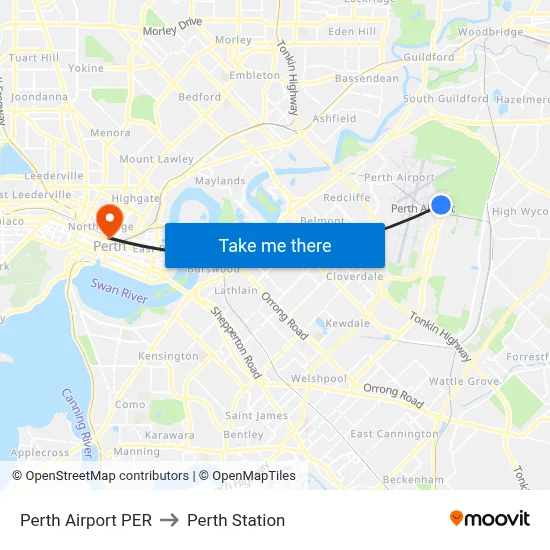 Perth Airport PER to Perth Station map