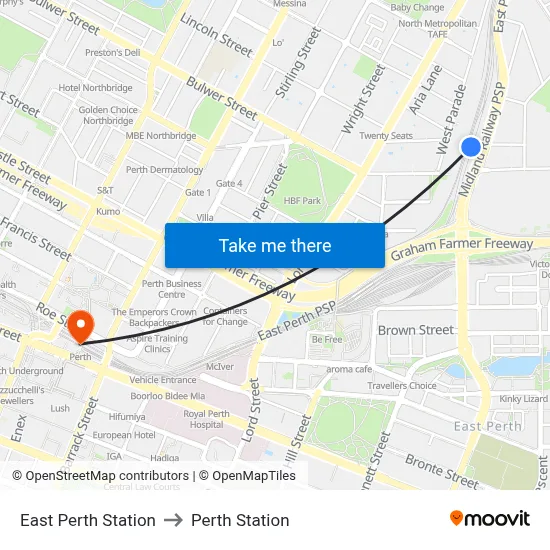 East Perth Station to Perth Station map