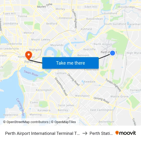 Perth Airport International Terminal T1 T2 to Perth Station map