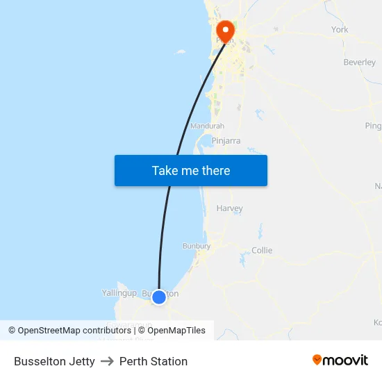 Busselton Jetty to Perth Station map