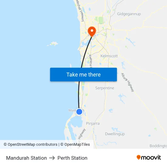 Mandurah Station to Perth Station map