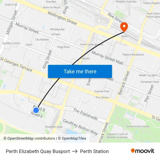 Perth Elizabeth Quay Busport to Perth Station map