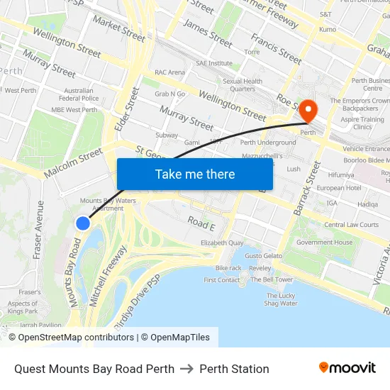Quest Mounts Bay Road Perth to Perth Station map