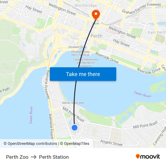 Perth Zoo to Perth Station map