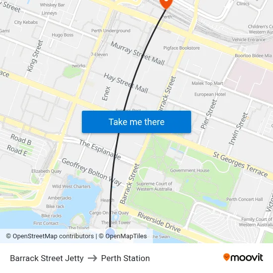 Barrack Street Jetty to Perth Station map