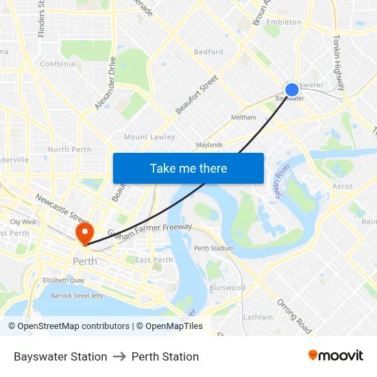 Bayswater Station to Perth Station map