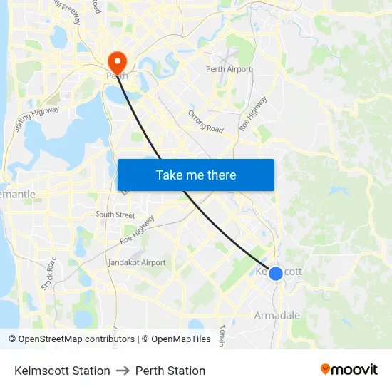 Kelmscott Station to Perth Station map