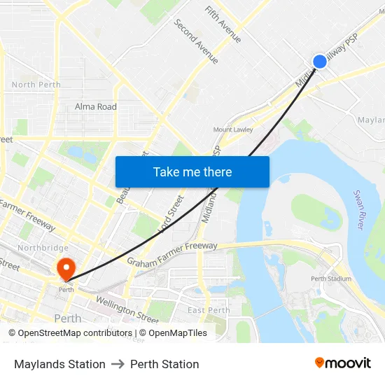 Maylands Station to Perth Station map