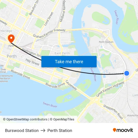 Burswood Station to Perth Station map