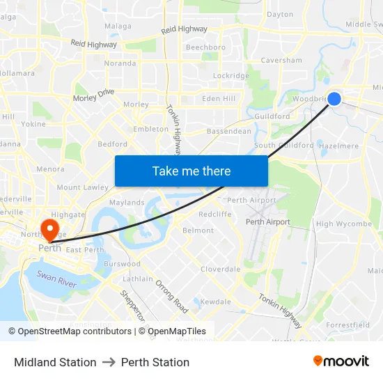 Midland Station to Perth Station map