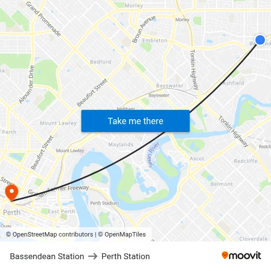 Bassendean Station to Perth Station map