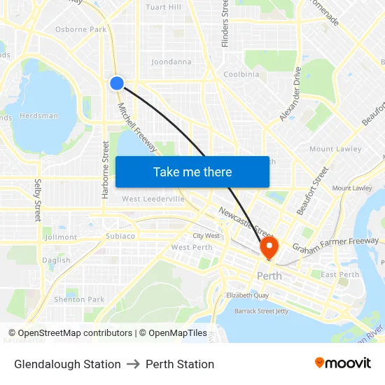 Glendalough Station to Perth Station map