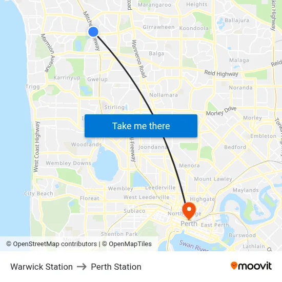 Warwick Station to Perth Station map
