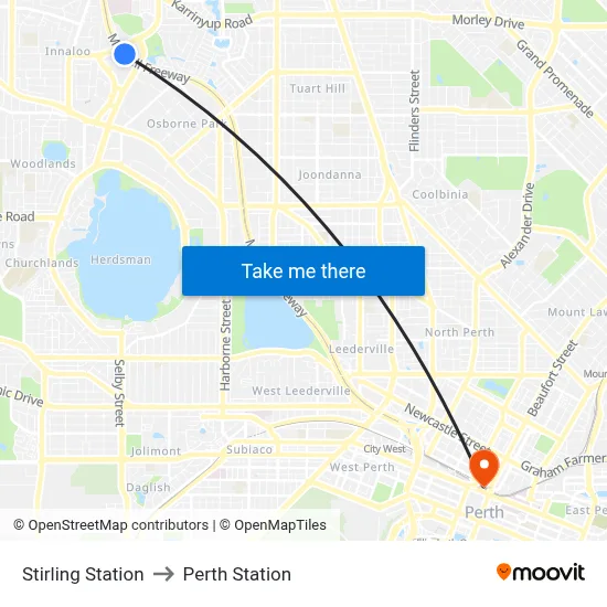Stirling Station to Perth Station map