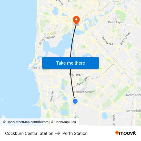 Cockburn Central Station to Perth Station map