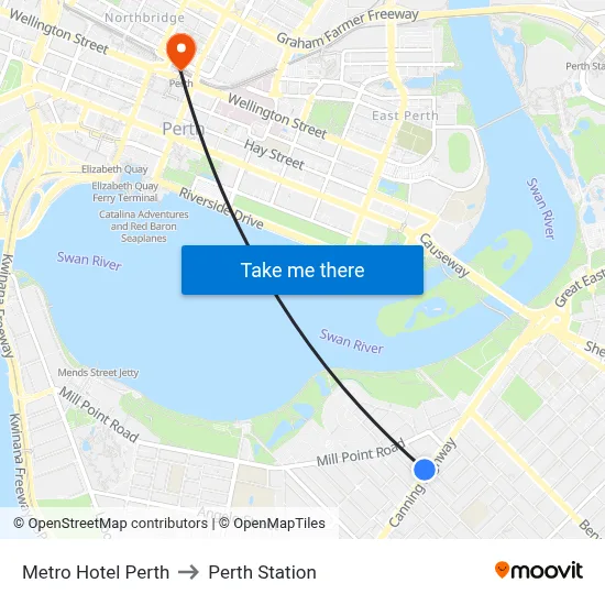 Metro Hotel Perth to Perth Station map
