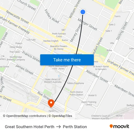 Great Southern Hotel Perth to Perth Station map