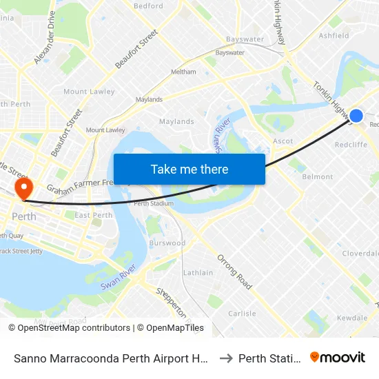 Sanno Marracoonda Perth Airport Hotel to Perth Station map