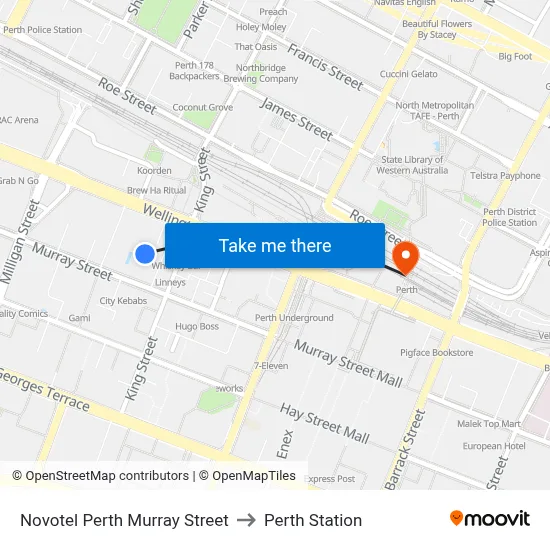 Novotel Perth Murray Street to Perth Station map