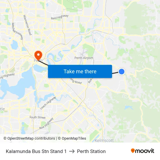 Kalamunda Bus Stn Stand 1 to Perth Station map