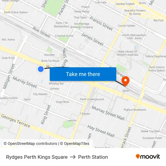 Rydges Perth Kings Square to Perth Station map