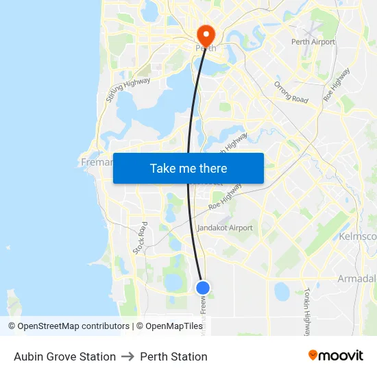 Aubin Grove Station to Perth Station map