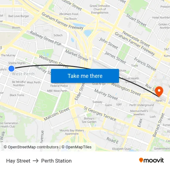 Hay Street to Perth Station map