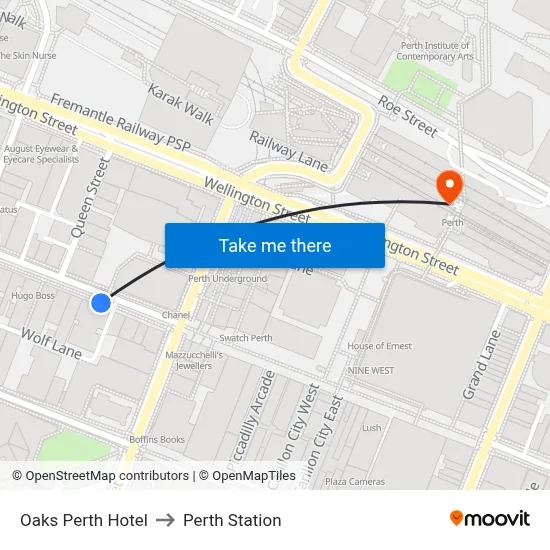 Oaks Perth Hotel to Perth Station map