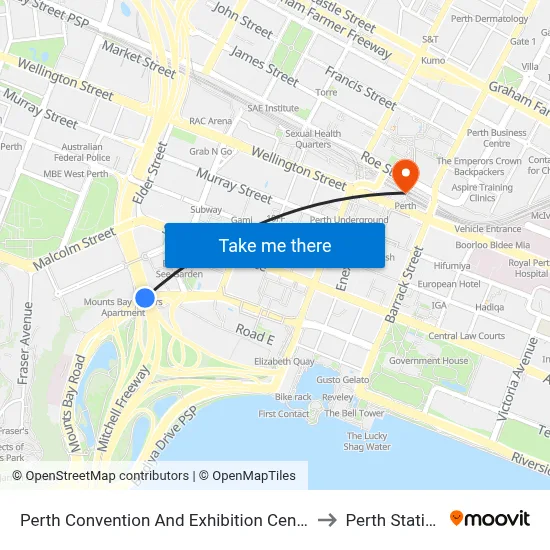 Perth Convention And Exhibition Centre to Perth Station map