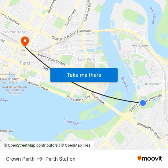 Crown Perth to Perth Station map