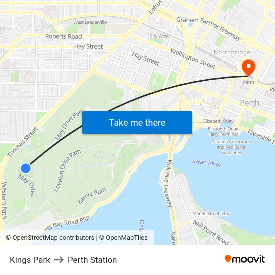 Kings Park to Perth Station map