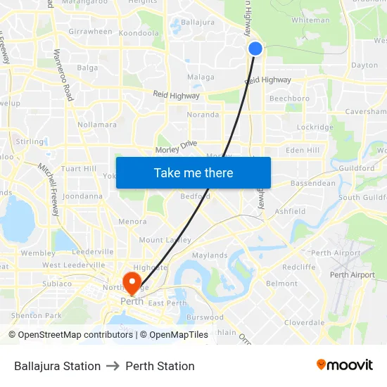 Ballajura Station to Perth Station map