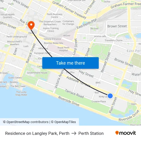 Residence on Langley Park, Perth to Perth Station map