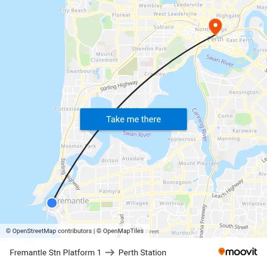 Fremantle Stn Platform 1 to Perth Station map
