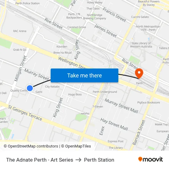 The Adnate Perth - Art Series to Perth Station map