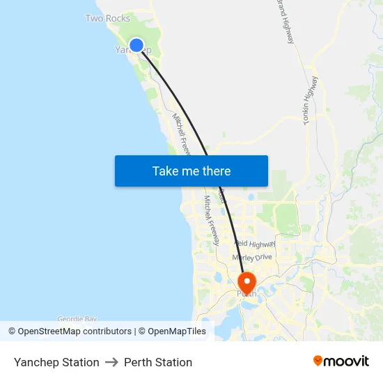 Yanchep Station to Perth Station map
