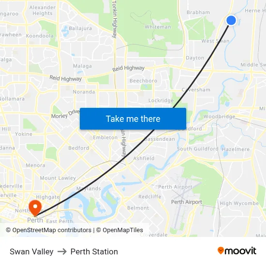 Swan Valley to Perth Station map