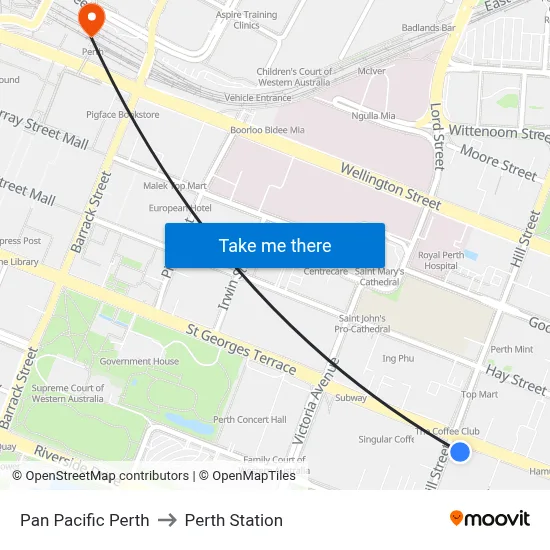 Pan Pacific Perth to Perth Station map