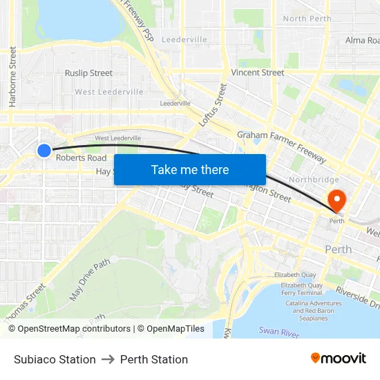 Subiaco Station to Perth Station map