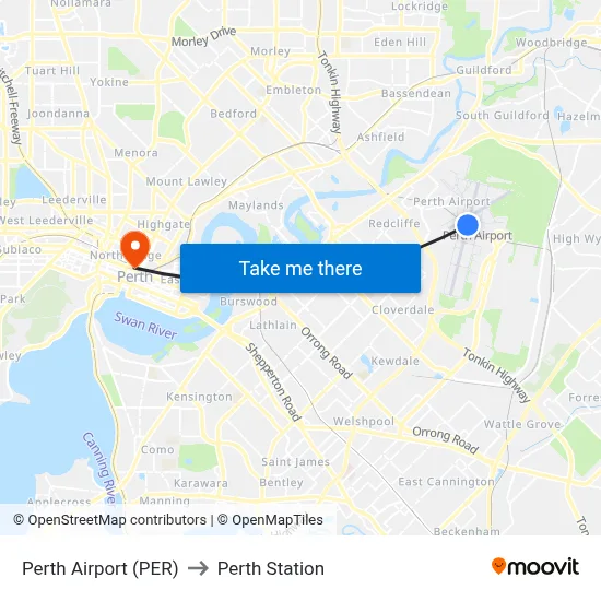 Perth Airport (PER) to Perth Station map