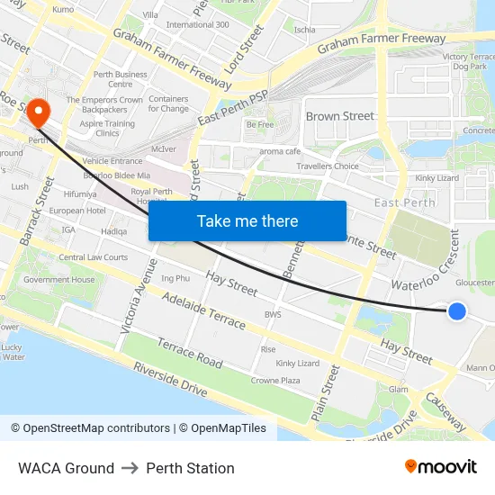 WACA Ground to Perth Station map