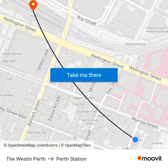 The Westin Perth to Perth Station map