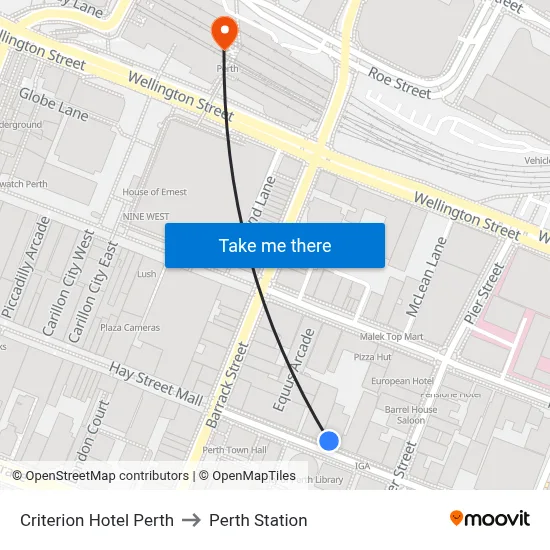 Criterion Hotel Perth to Perth Station map